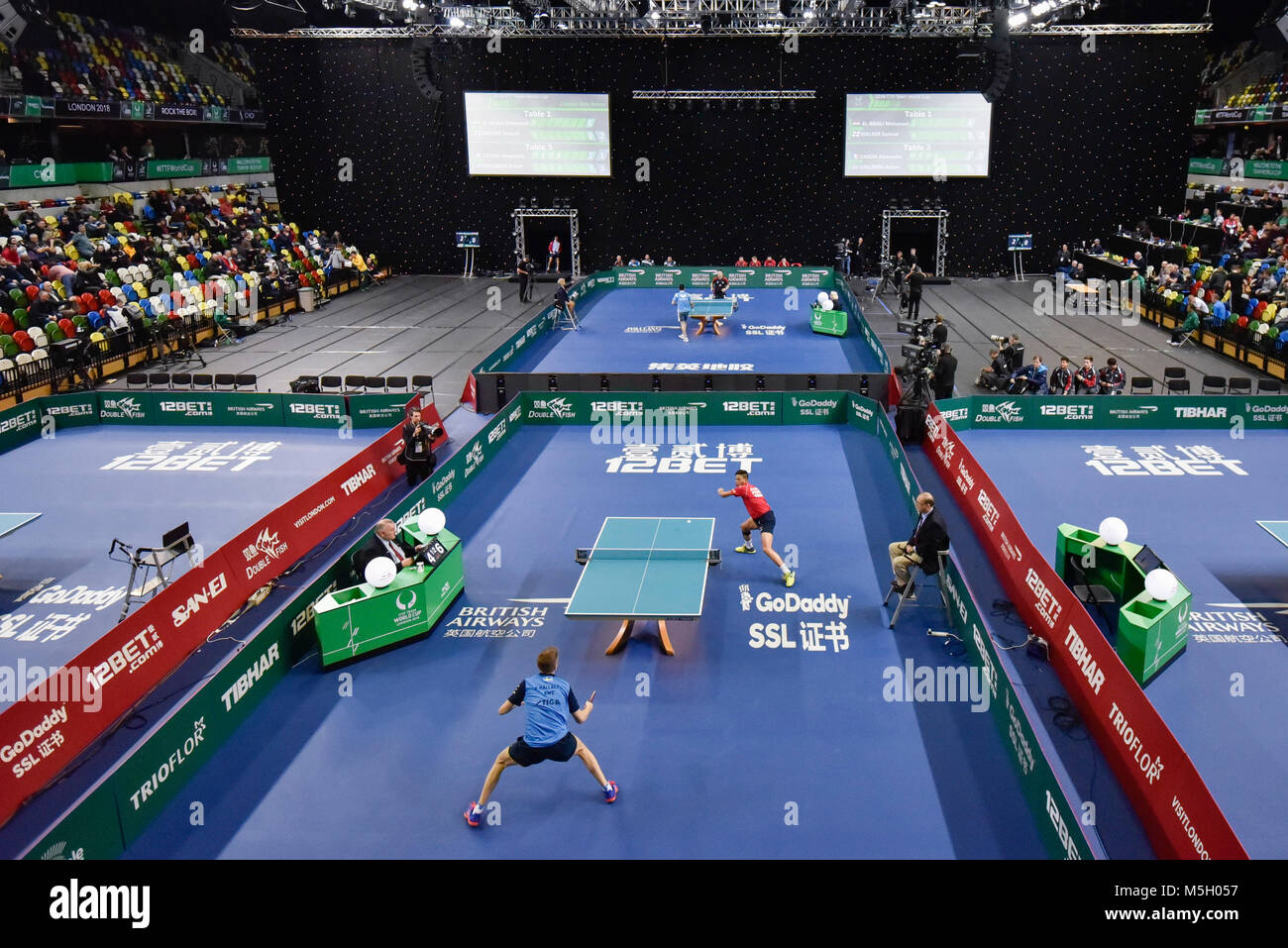 London, UK. 23 February 2018. A general view of table tennis tables during  the preliminary rounds at the ITTF Team World Cup London 2018 taking place  at the Copper Box Arena, Queen