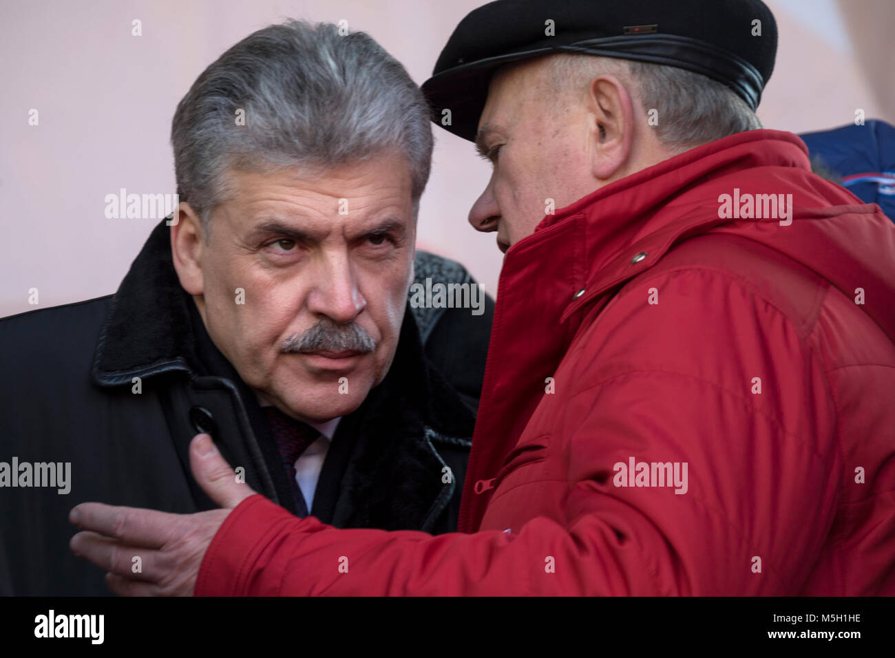 Moscow, Russia - February, 23, 2018: Pavel Grudinin (R), the presidential candidate for the Communist Party, and Gennady Zyuganov (L), the leader of the CPRF,during the rally of the CPRF in central Moscow Stock Photo