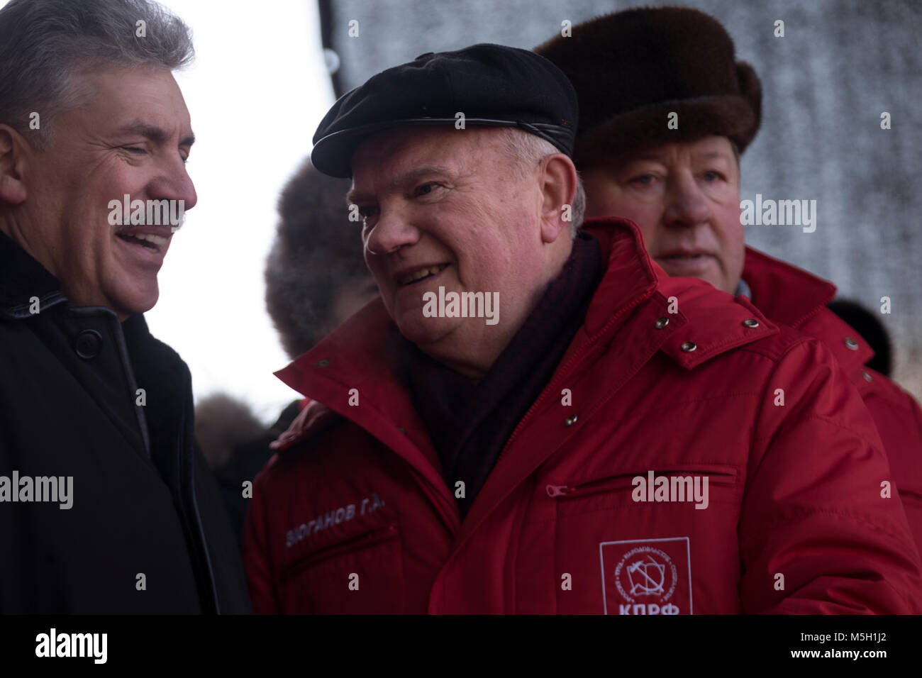 Moscow, Russia - February, 23, 2018: Pavel Grudinin (R), the presidential candidate for the Communist Party, and Gennady Zyuganov (L), the leader of the CPRF, during the rally of the CPRF in central Moscow Stock Photo