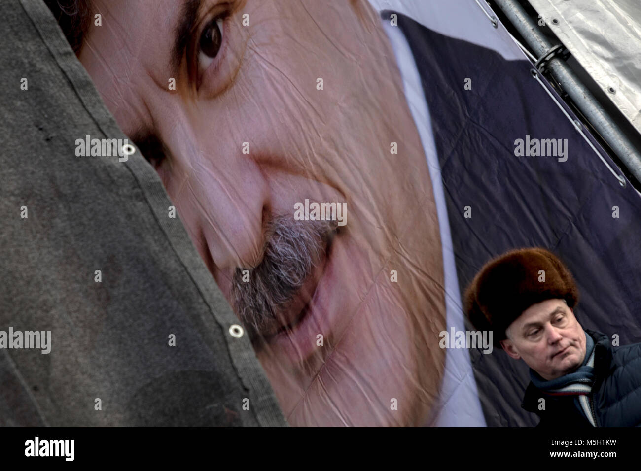 Moscow, Russia. 23rd Feb, 2018. Banner with portrait of Pavel Grudinin, the presidential candidate for the Communist Party of the Russian Federation (CPRF), durin a rally organised by the CPRF in central Moscow, Russia Credit: Nikolay Vinokurov/Alamy Live News Stock Photo