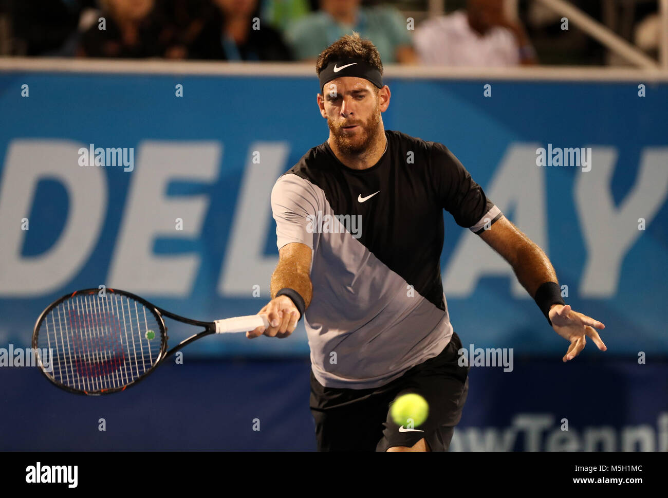 February 22, 2018: Frances Tiafoe, from USA, plays a backhand against Juan  Martin del Potro, from Argentina, during the 2018 Delray Beach Open ATP  professional tennis tournament, played at the Delray Beach