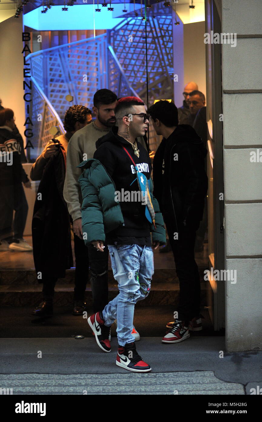 Milan, Sfera Ebbasta and Andrea Petagna go to the Iceberg fashion show The  famous rapper SFERA EBBASTA and ANDREA PETAGNA, striker of the ATALANTA  arrive in the center to watch the ICEBERG