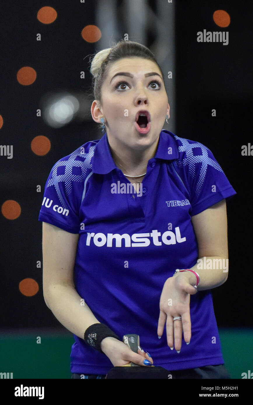 London, UK. 23 February 2018. Bernadette Szocs (ROU) reacts during her ...