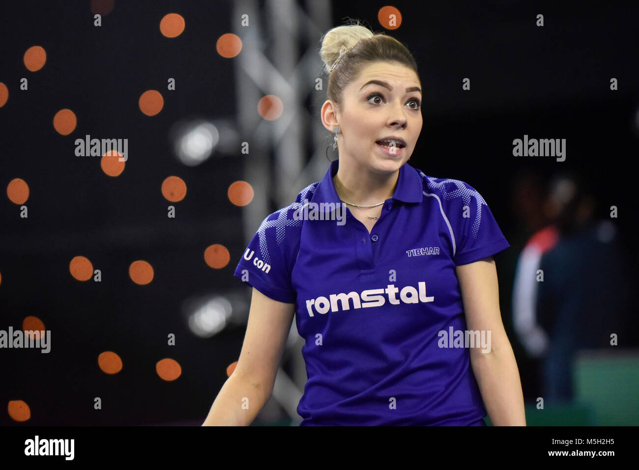 London, UK. 23 February 2018. Bernadette Szocs (ROU) reacts during her ...