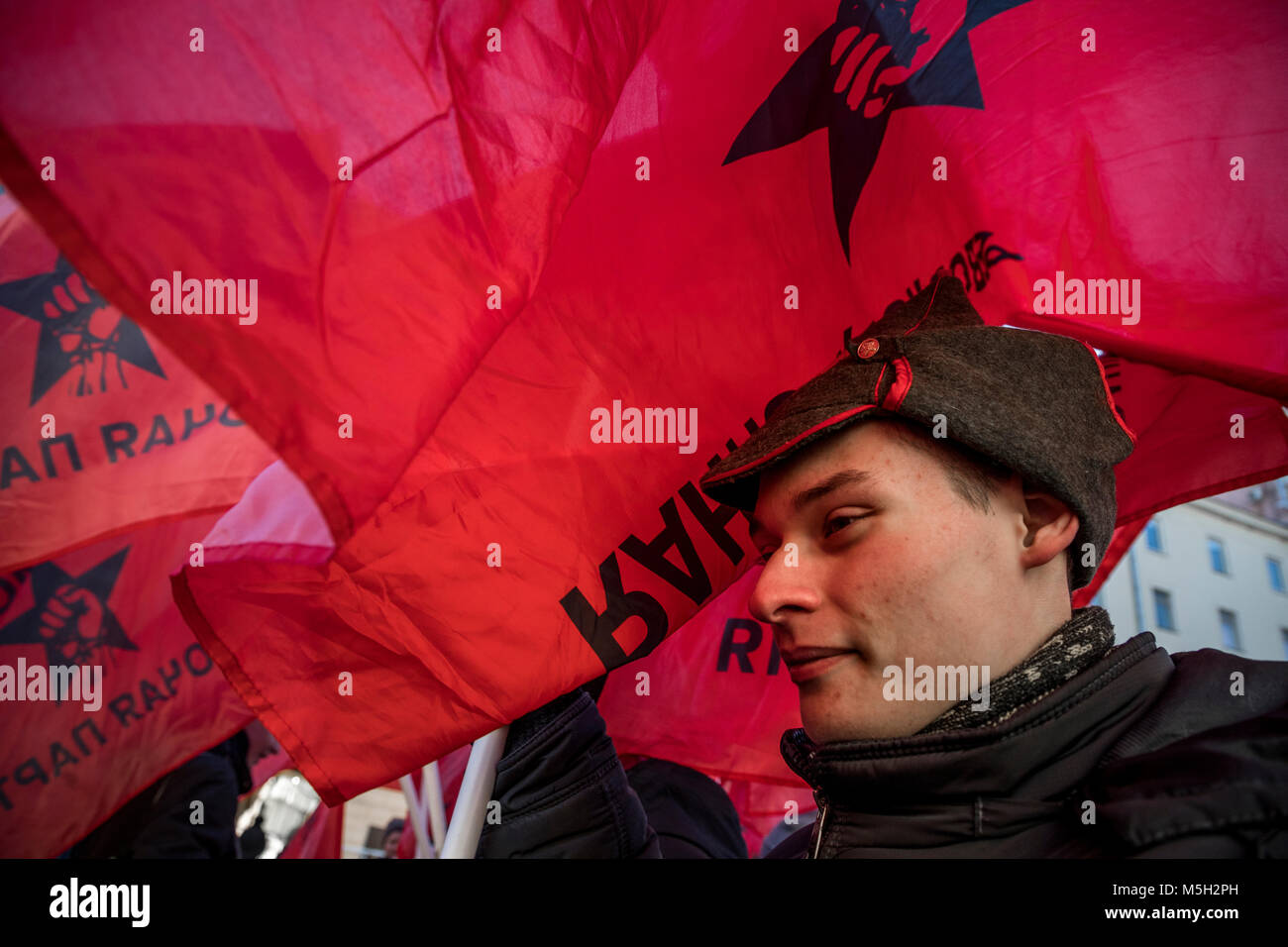 Moscow, Russia. 23rd Feb, 2018. Participants of the march in honor of the 100th anniversary of the Red Army Credit: Nikolay Vinokurov/Alamy Live News Stock Photo