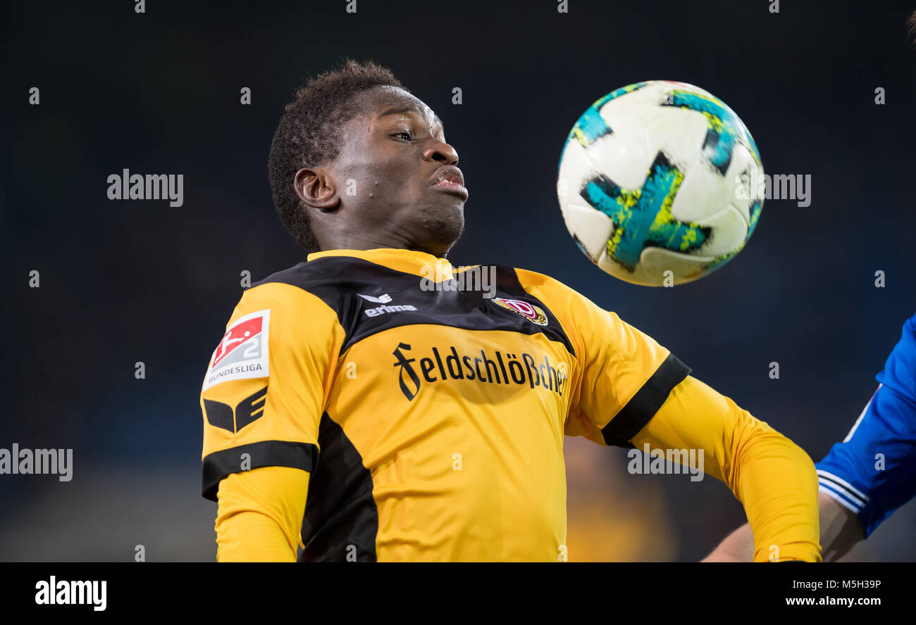 23 Febuary 2018, Germany, Bielefeld: German 2nd division Bundesliga soccer match between Arminia Bielefeld and Dynamo Dresden, Schueco Arena. Dresden's Moussa Kone in action. Photo: Guido Kirchner/dpa - Nutzung nur nach vertraglicher Vereinbarung Stock Photo