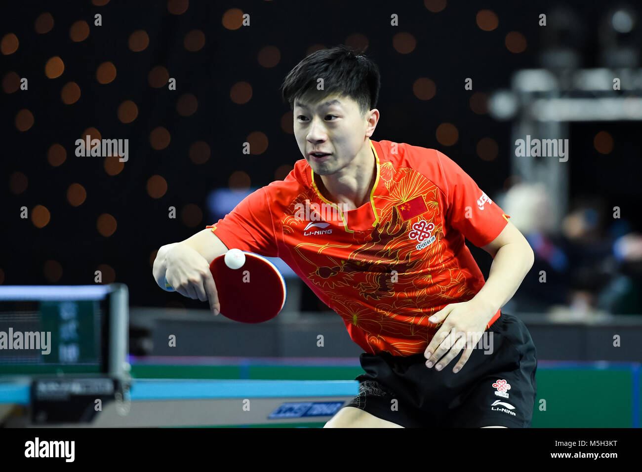 London, UK. 23rd Feb, 2018. Ma Long of China  during International Table Tennis Federation Team World Cup match between Ruwen Filus of Germany and Ma Long of China  at Copper Box Arena on Friday, 23 February 2018. LONDON ENGLAND. Credit: Taka G Wu Credit: Taka Wu/Alamy Live News Stock Photo