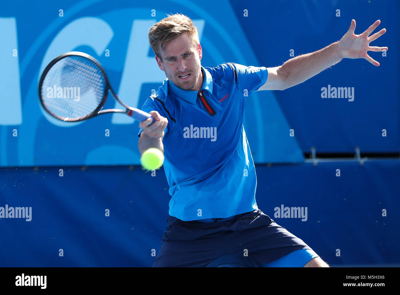 February 23, 2018: Peter Gojowczyk, of Germany, hits a forehand during a  quarterfinal match against Reilly Opelka, of the United States, during the  2018 Delray Beach Open ATP professional tennis tournament, played