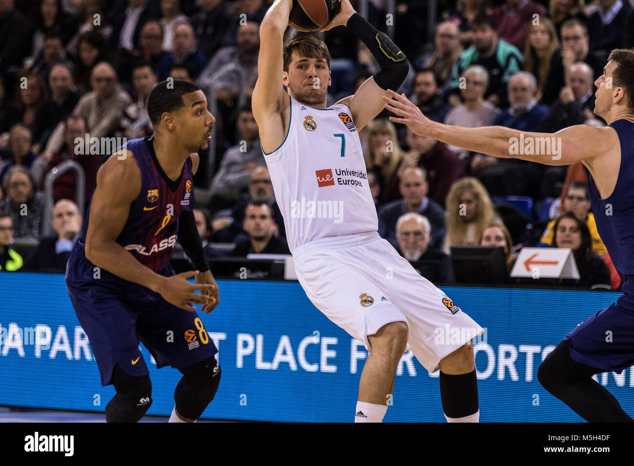 BARCELONA, SPAIN – FEBRUARY 23: Luka Doncic, #7 of Real Madrid in action  during the Turkish Airlines EuroLeague match between FC Barcelona Lassa and Real  Madrid at Palau Balugrana on February 23,