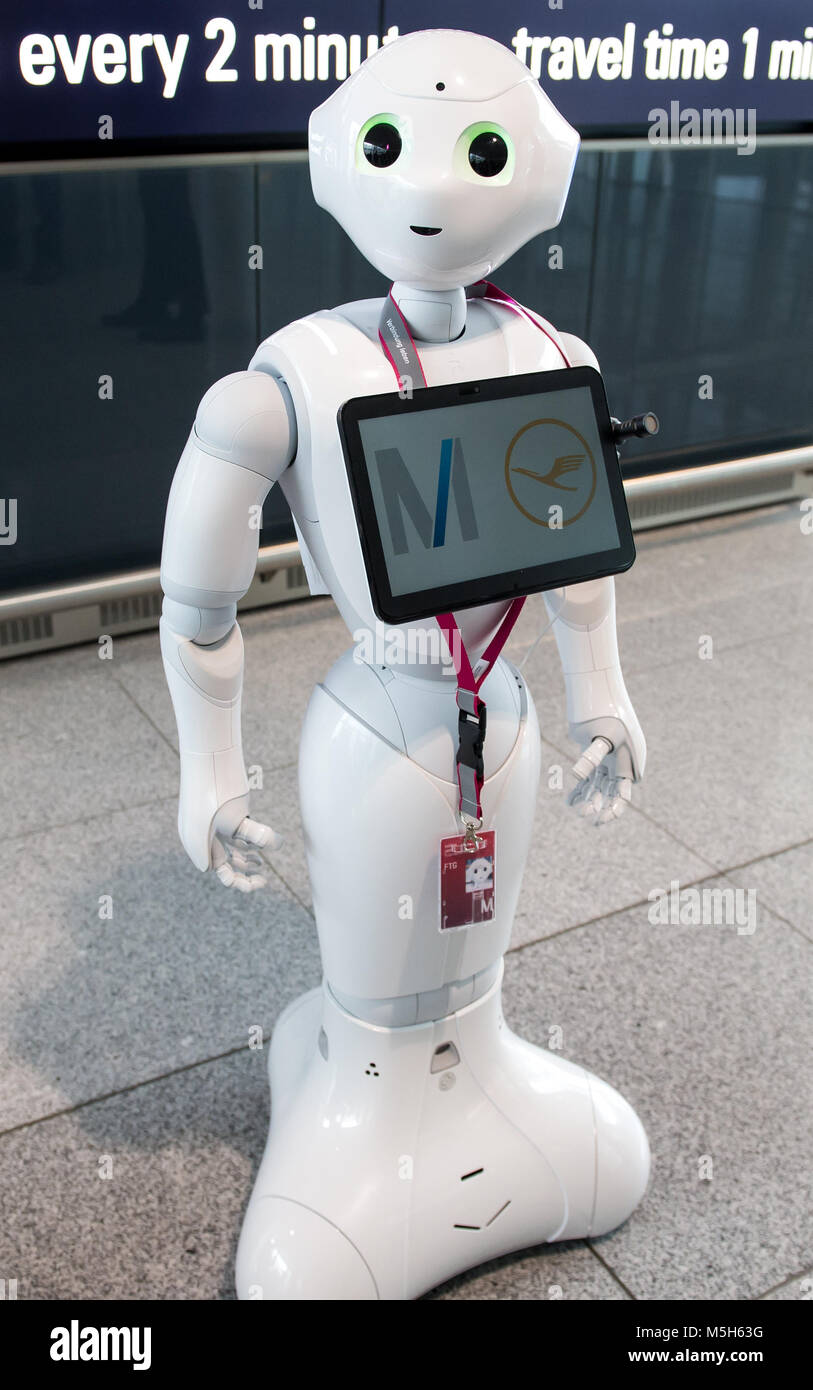 Munich, Germany. 20th Feb, 2018. Robot Josie Pepper assists passengers travelling from the airport in Munich, Germany, 20 February 2018. Pepper is a humanoid robot programmed to analyse and emulate human gestures and facial expressions. Credit: Chiara Puzzo/dpa/Alamy Live News Stock Photo