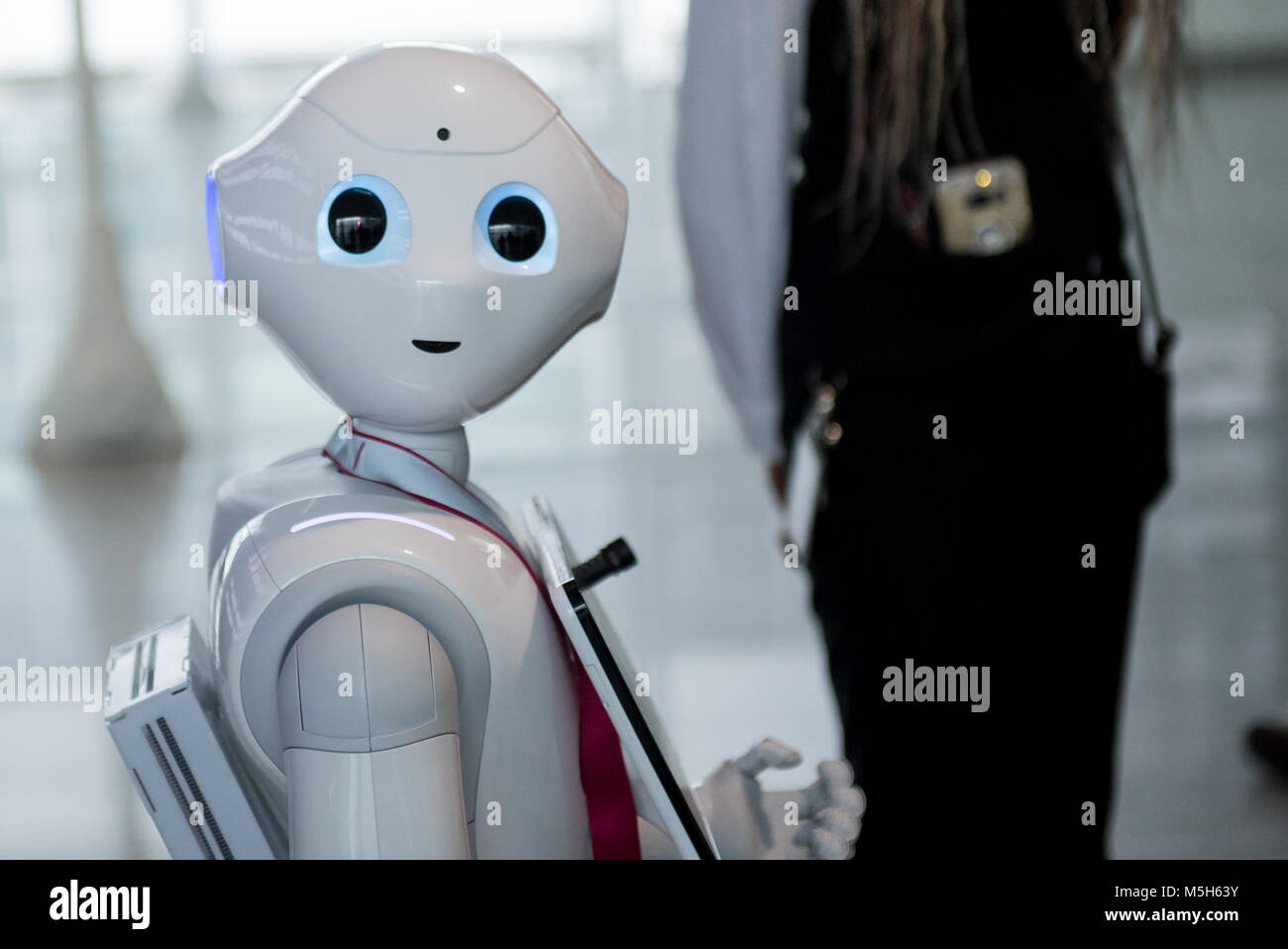 Munich, Germany. 20th Feb, 2018. Robot Josie Pepper assists passengers travelling from the airport in Munich, Germany, 20 February 2018. Pepper is a humanoid robot programmed to analyse and emulate human gestures and facial expressions. Credit: Chiara Puzzo/dpa/Alamy Live News Stock Photo