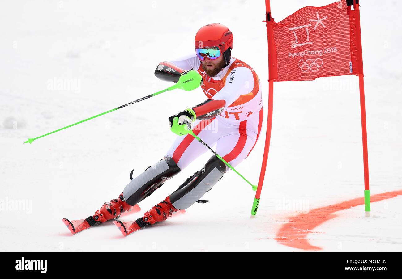 Pyeongchang, South Korea. 24th February, 2018. Marco Schwarz (AUT). Alpine team event skiing. Yongpyong alpine centre. Alpensia. Pyeongchang2018 winter Olympics. Republic of Korea. 24/02/2018. Credit: Sport In Pictures/Alamy Live News Stock Photo
