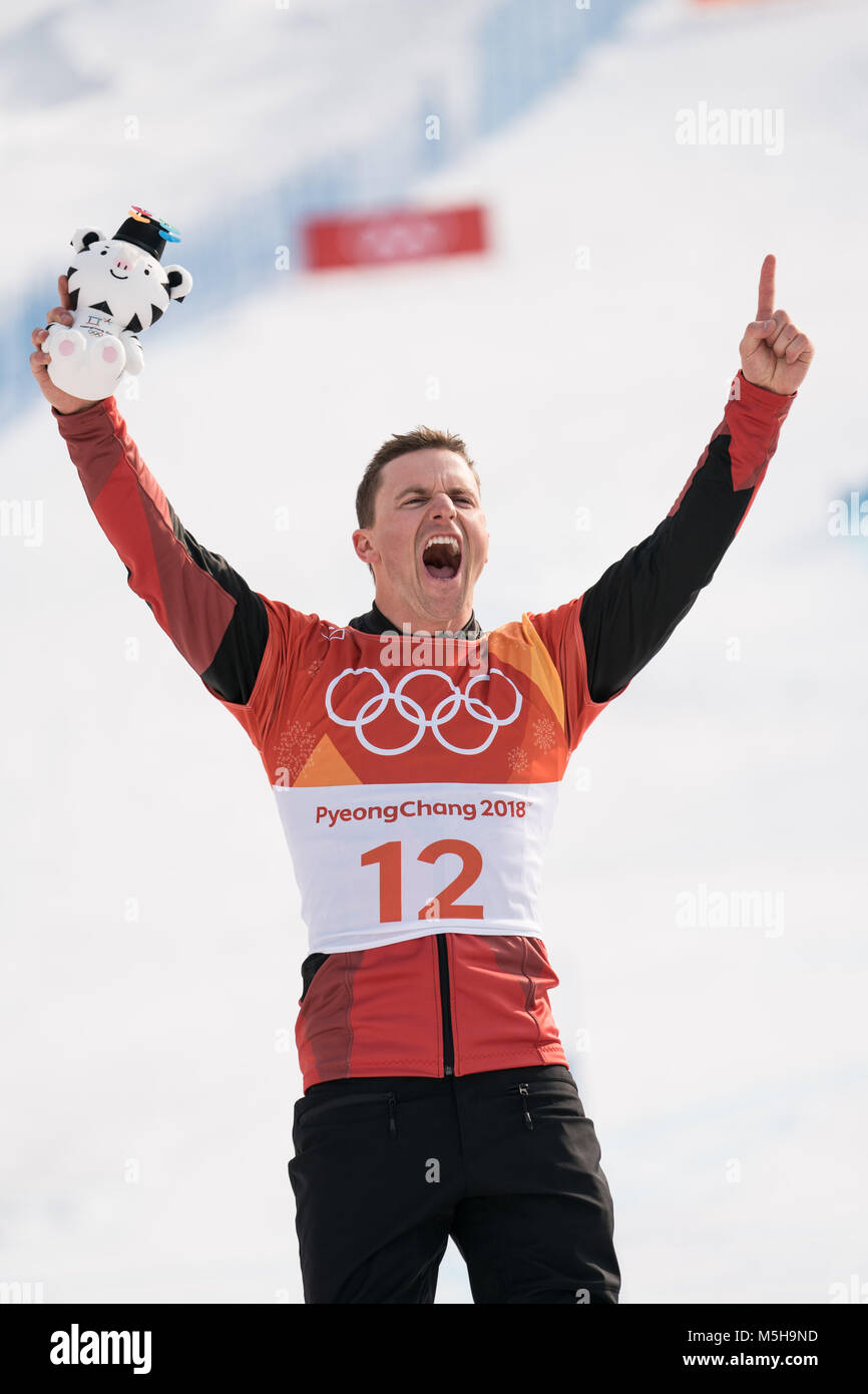 Pyeongchang, South Korea. 24th Feb, 2018. Nevin Galmarini of Switzerland celebrates after winning men's parallel giant slalom of snowboard at the 2018 PyeongChang Winter Olympic Games at Phoenix Snow Park, PyeongChang, South Korea, Feb. 24, 2018. Nevin Galmarini won the gold medal in the big final. Credit: Wu Zhuang/Xinhua/Alamy Live News Credit: Xinhua/Alamy Live News Stock Photo