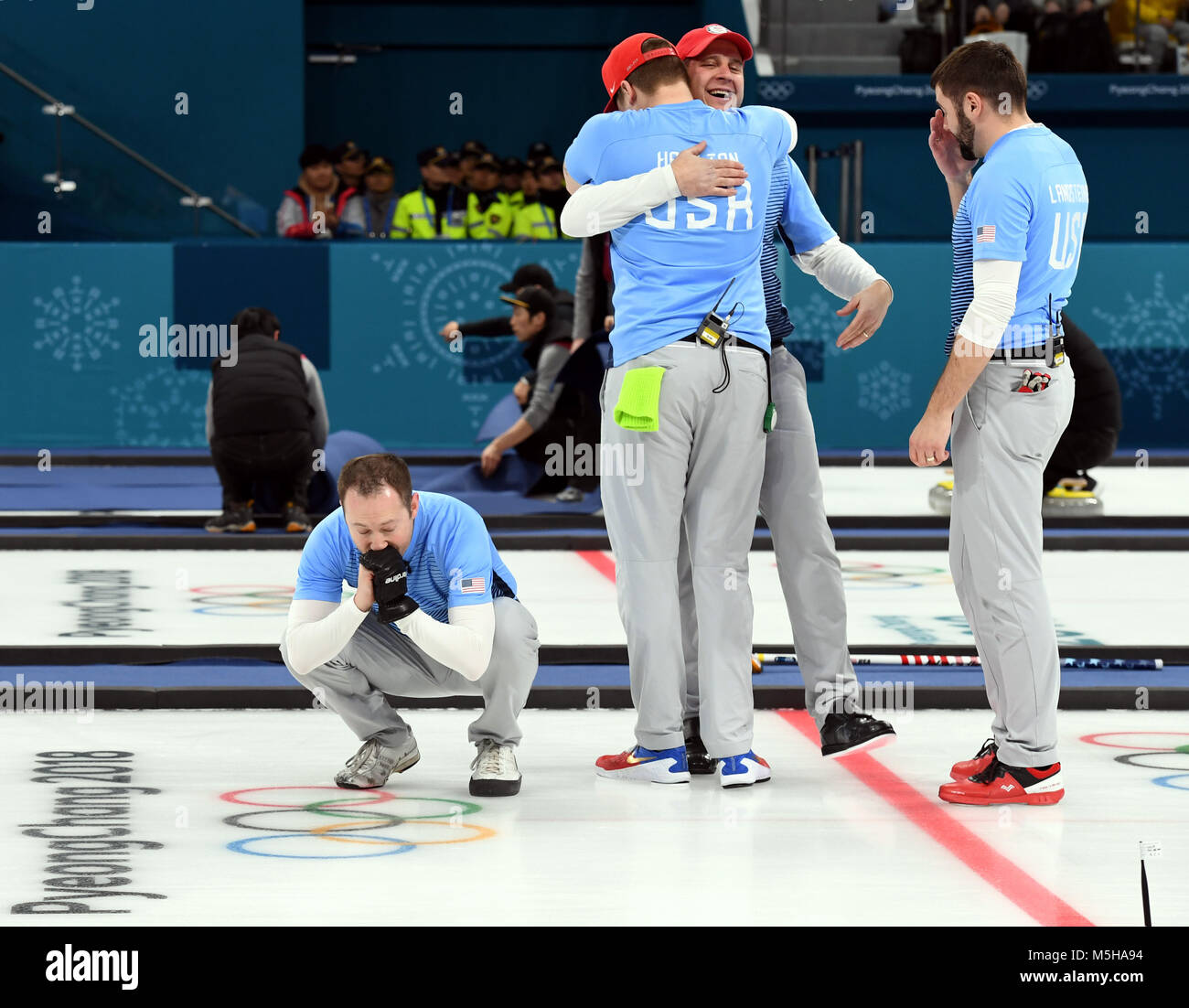 Pyeongchang South Korea 24th Feb 18 Members Of Team Usa Celebrate Victory In Men S Curling Final Game Against Switzerland At The 18 Pyeongchang Winter Olympic Games At Gangneung Curling Centre Gangnueng South