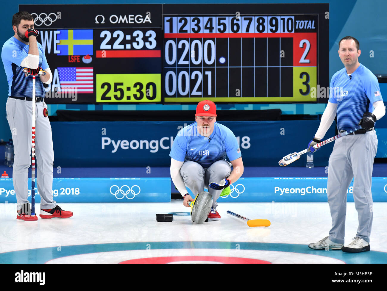 Gangneung, South Korea. 24th Feb, 2018. USA's John Landsteiner (l-r), John Shuster and Tyler George in action at the men's curling finals between the US and Sweden at the Curling Centre in Gangneung, South Korea, 24 February 2018. Credit: Peter Kneffel/dpa/Alamy Live News Stock Photo