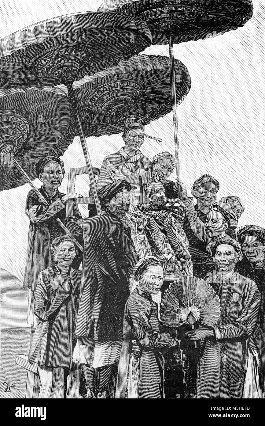State Officials or Administrators Publicly Announce Exam or Examination Results in Tonkin, northern vietnam (Engraving, 1889) Stock Photo
