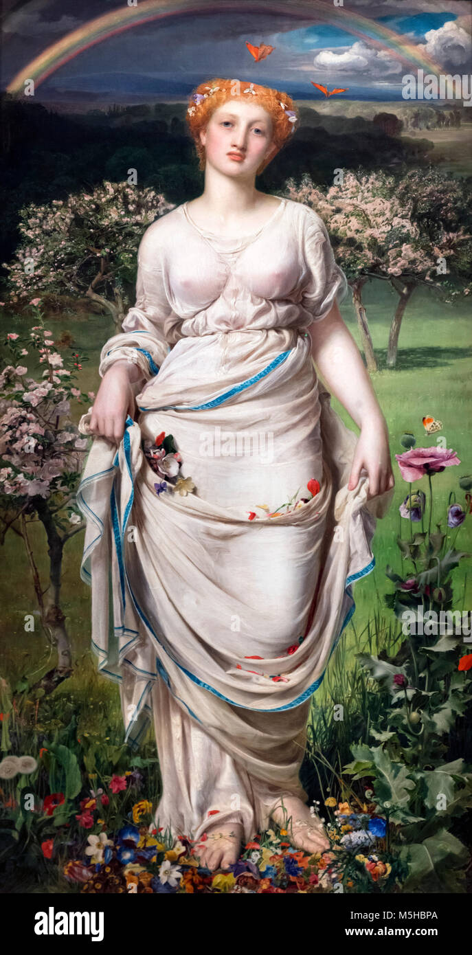 Gentle Spring by Frederick Sandys (1829-1904), oil on canvas, 1865. The figure represents Proserpina (Persephone) on her annual return to earth from the land of the dead in springtime. Stock Photo