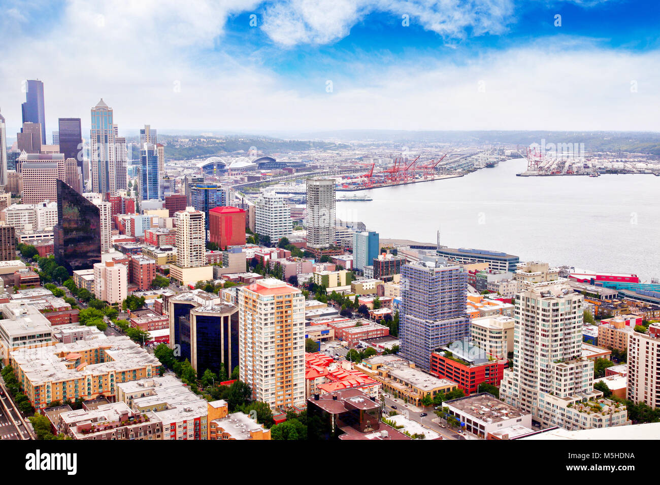 Aerial view of downtown Seattle skyline and metro area, a city on Puget ...