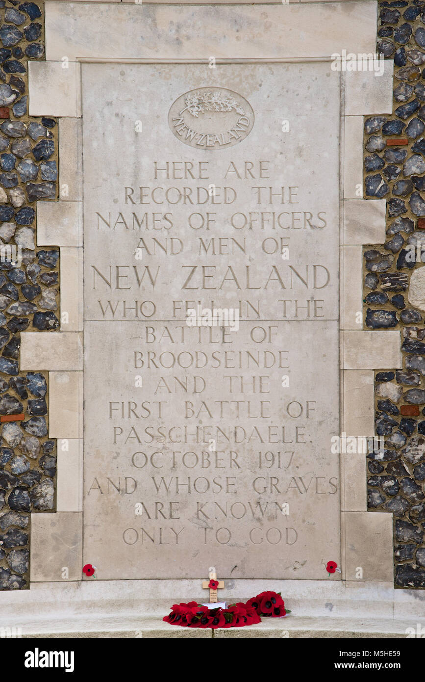 A plaque honouring the missing soldiers from the Battles of the Ypres Salient in WWi - Tyne Cot Military Cemetery Stock Photo