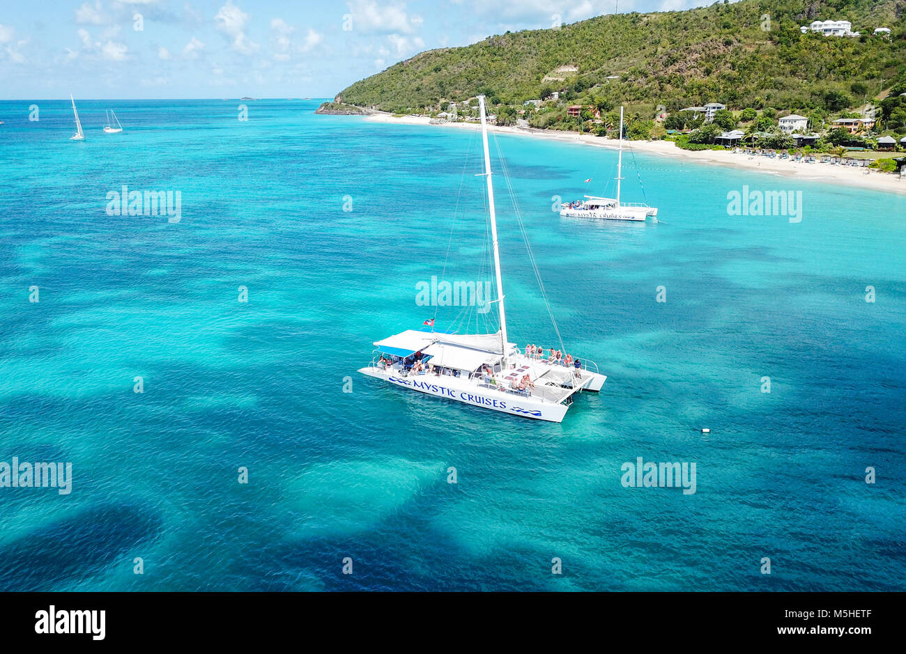 Mystic Cruises tourist Catamaran, Turner's Beach, Picarts Bay, Antigua Stock Photo