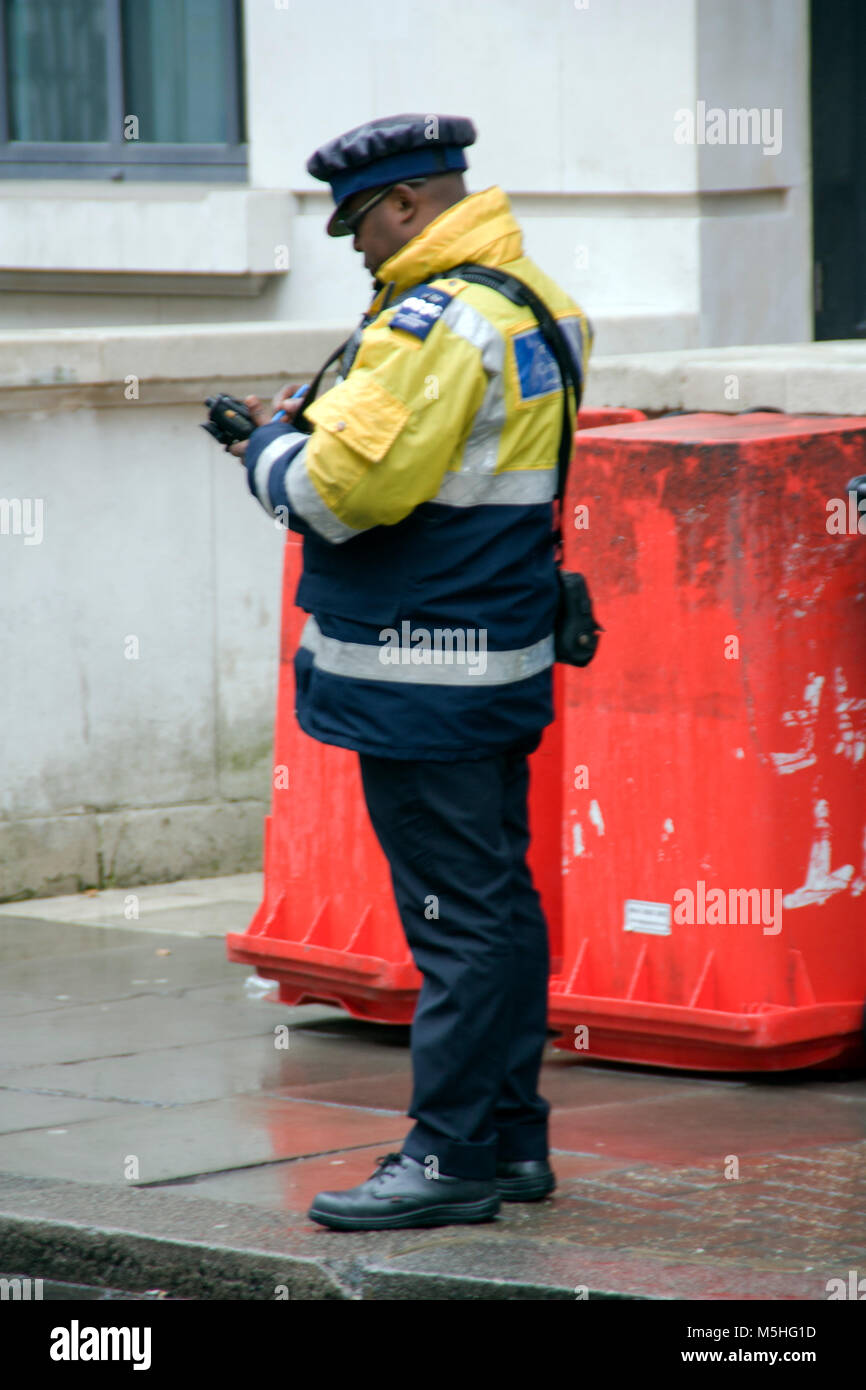 Traffic Warden issuing a Parking Ticket, Haymarket, London, England, UK. Credit: London Snapper Stock Photo