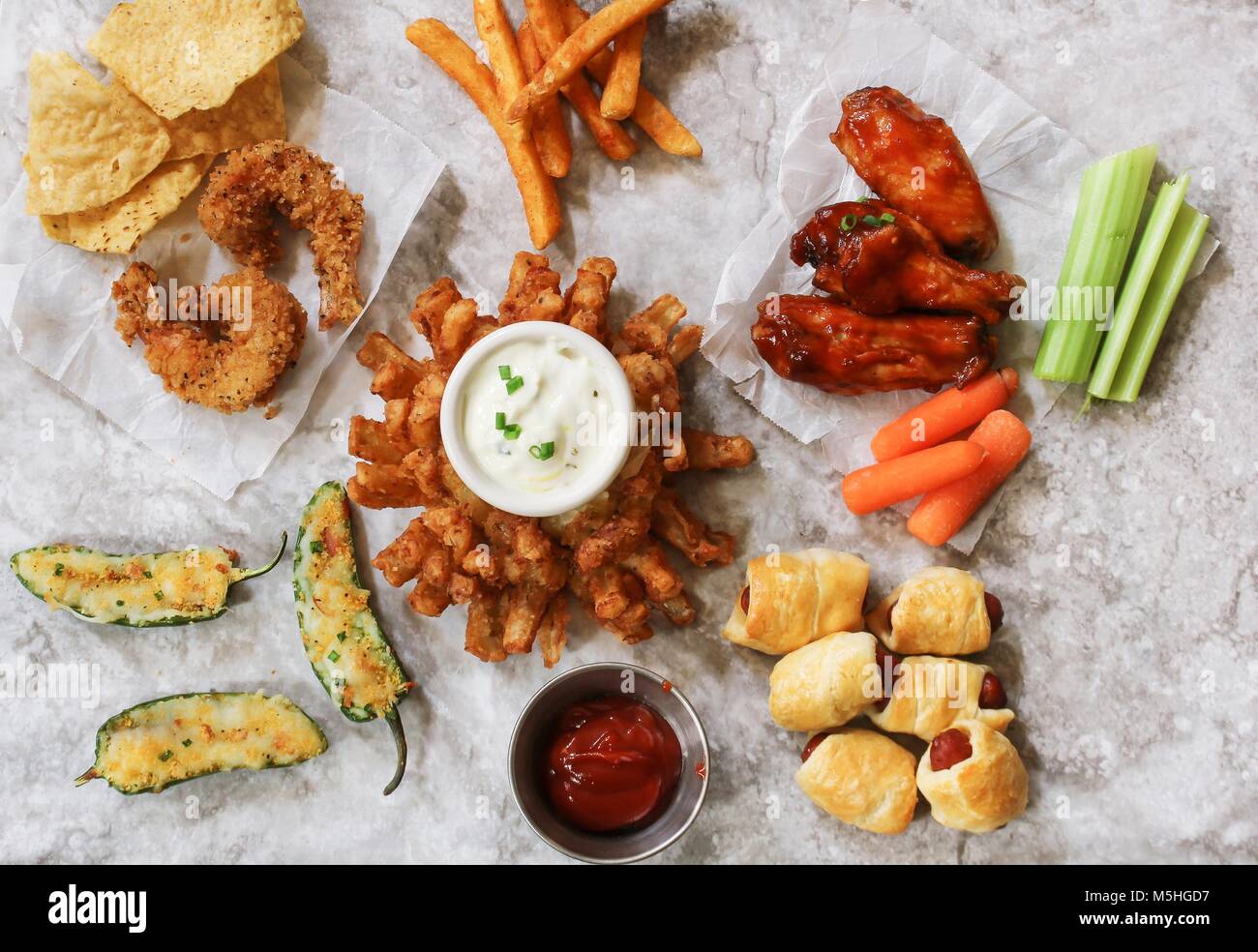 Game day food menu overhead view /Various Appetizers Stock Photo Alamy