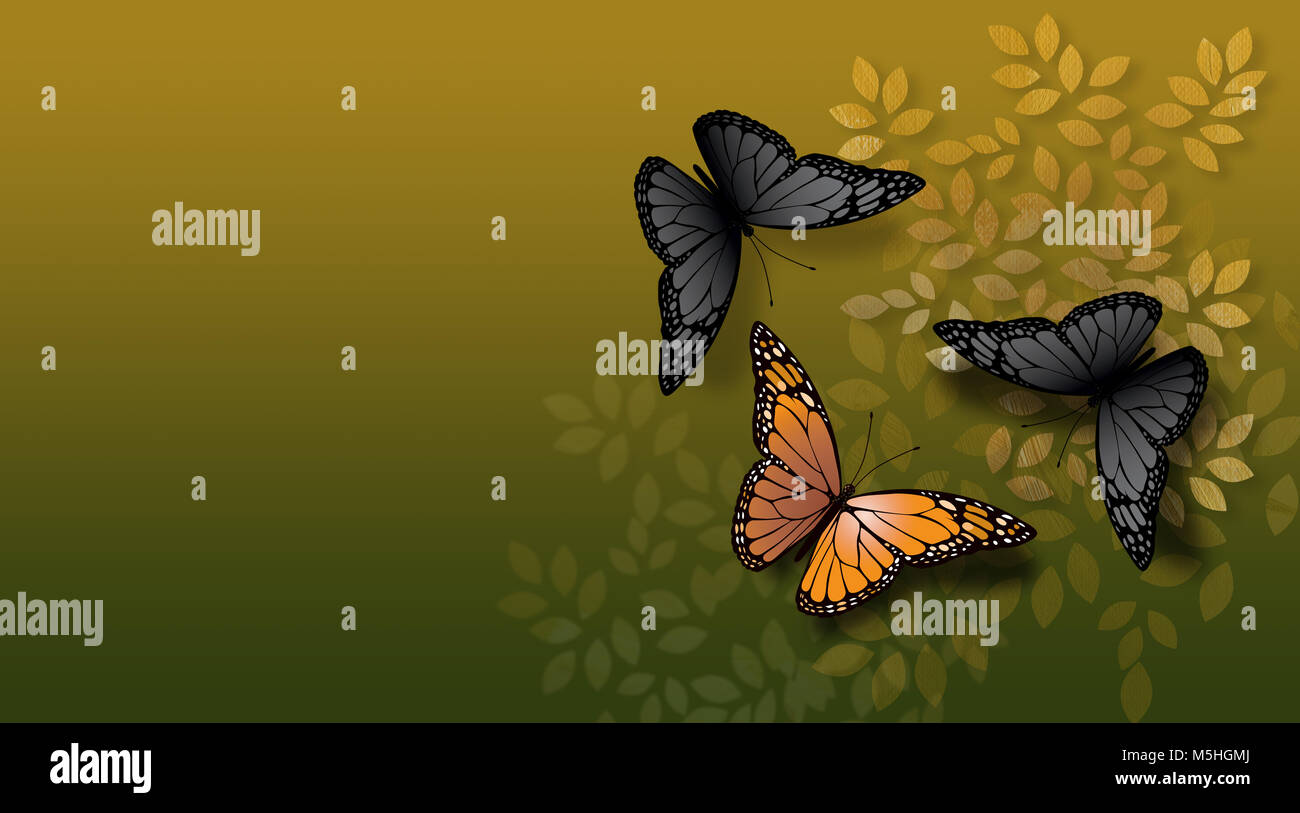 Graphic illustration of beautifully developed Monarch Butterfly confronted by undeveloped gray, black ones.Simple conceptual metaphor of confrontation. Stock Photo