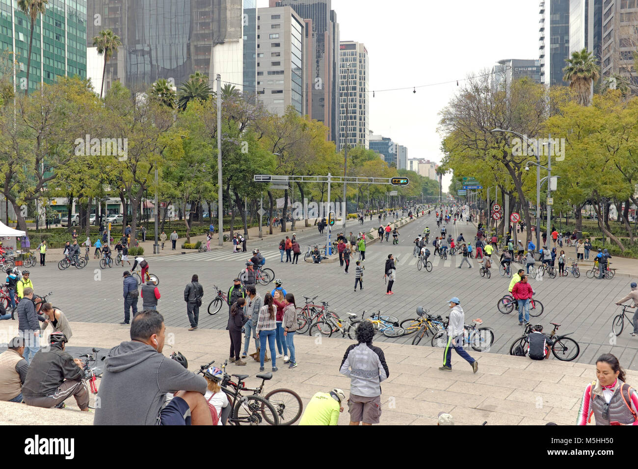 The Paseo de la Reforma along with many other roads in Mexico City become auto-free zones giving pedestrians and bikers freedom to recreate. Stock Photo