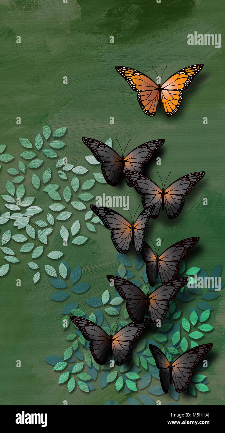 Graphic illustration of beautifully mature Monarch Butterfly leading a group of young undeveloped gray, black ones. Conceptual metaphor of teaching Stock Photo