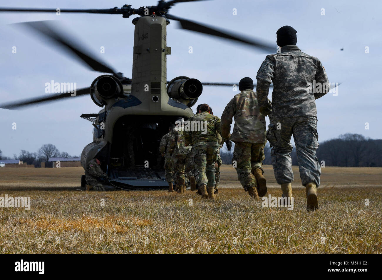 Soldiers with the 101st Combat Aviation Brigade, 101st Airborne Division (Air Assault) load equipment into a CH-47 Chinook helicopter in preparation to jump their tactical operations center (TOC) to a new location during Warfighter, a two-week command and control exercise February 13, 2017 at Ft. Campbell, Ky. (U.S. Army Stock Photo