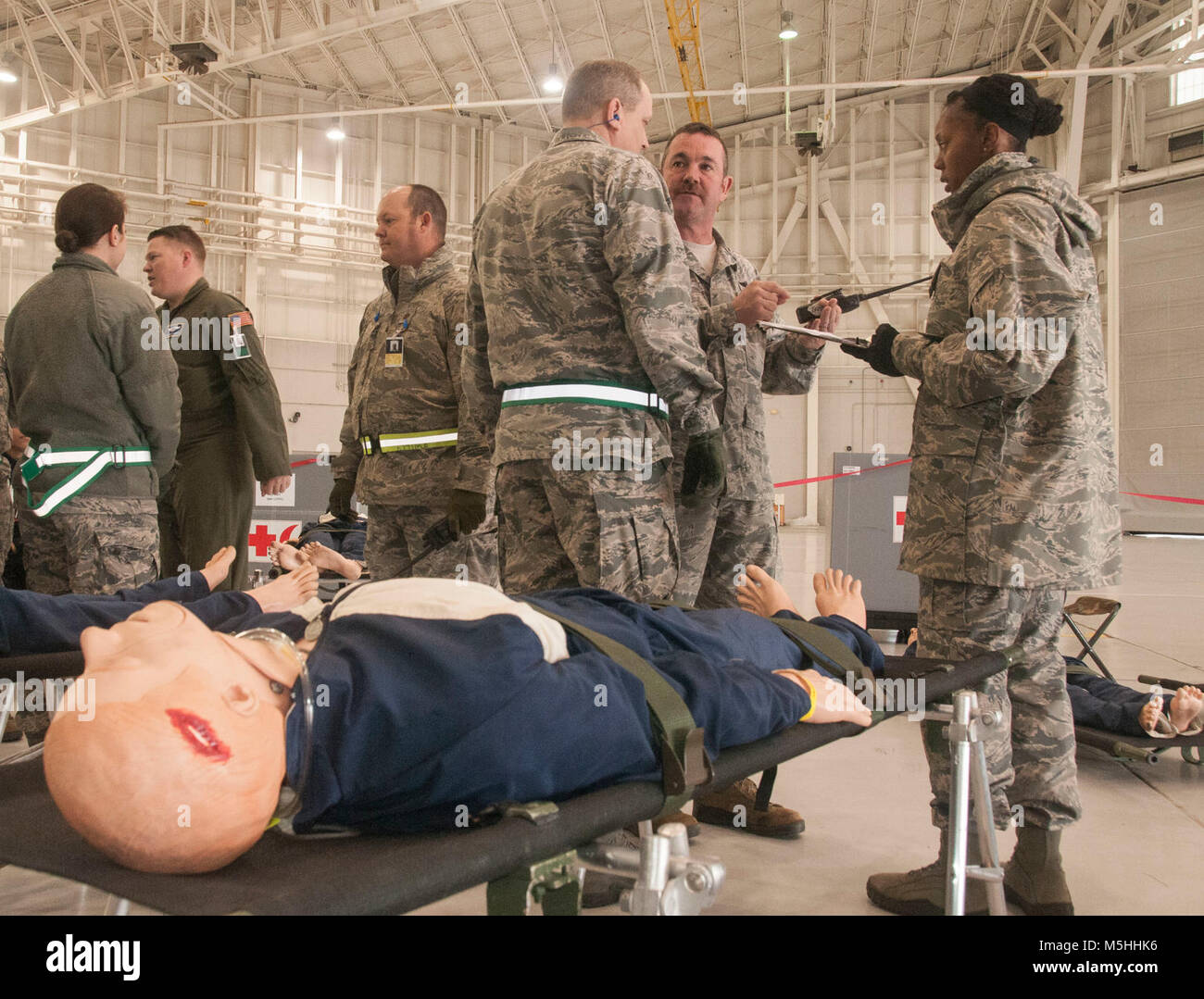 National Guardsmen from the 172nd Airlift Wing and the 186th Air Refueling Wing Medical Group act as the En-Routh Patient Staging System (ERPSS) team during the PATRIOT South 2018 exercise at the Combat Readiness Training Center, Gulfport, Miss., Feb. 13, 2018.  The mission of the ERPSS is to support patients in reponse to a disaster by preparing them for transport to a safe location through aeromedical evacuation. (U.S. Air National Guard Stock Photo