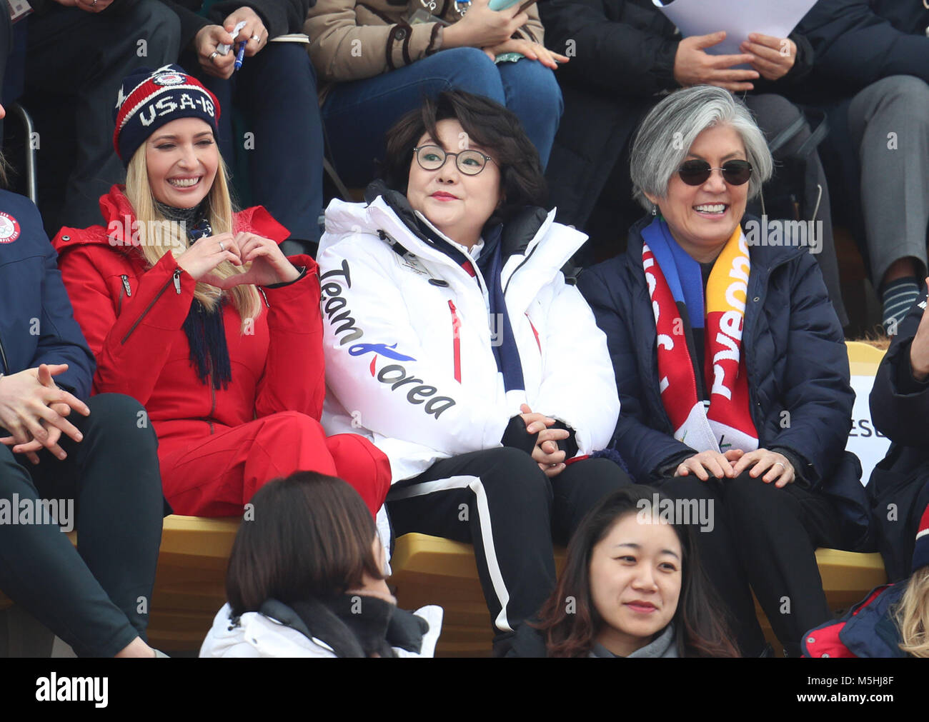 Ivanka Trump, South Korean first lady Kim Jung-sook and South Korean foreign minister Kang Kyung-wha attend the Men's Snowboarding Big Air Final at the Alpensia Ski Jumping Centre during day fifteen of the PyeongChang 2018 Winter Olympic Games in South Korea. Stock Photo