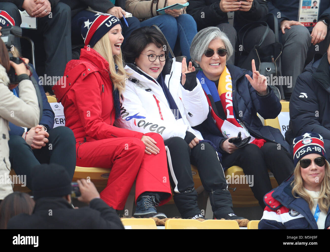 Ivanka Trump, South Korean first lady Kim Jung-sook and South Korean foreign minister Kang Kyung-wha attend the Men's Snowboarding Big Air Final at the Alpensia Ski Jumping Centre during day fifteen of the PyeongChang 2018 Winter Olympic Games in South Korea. Stock Photo