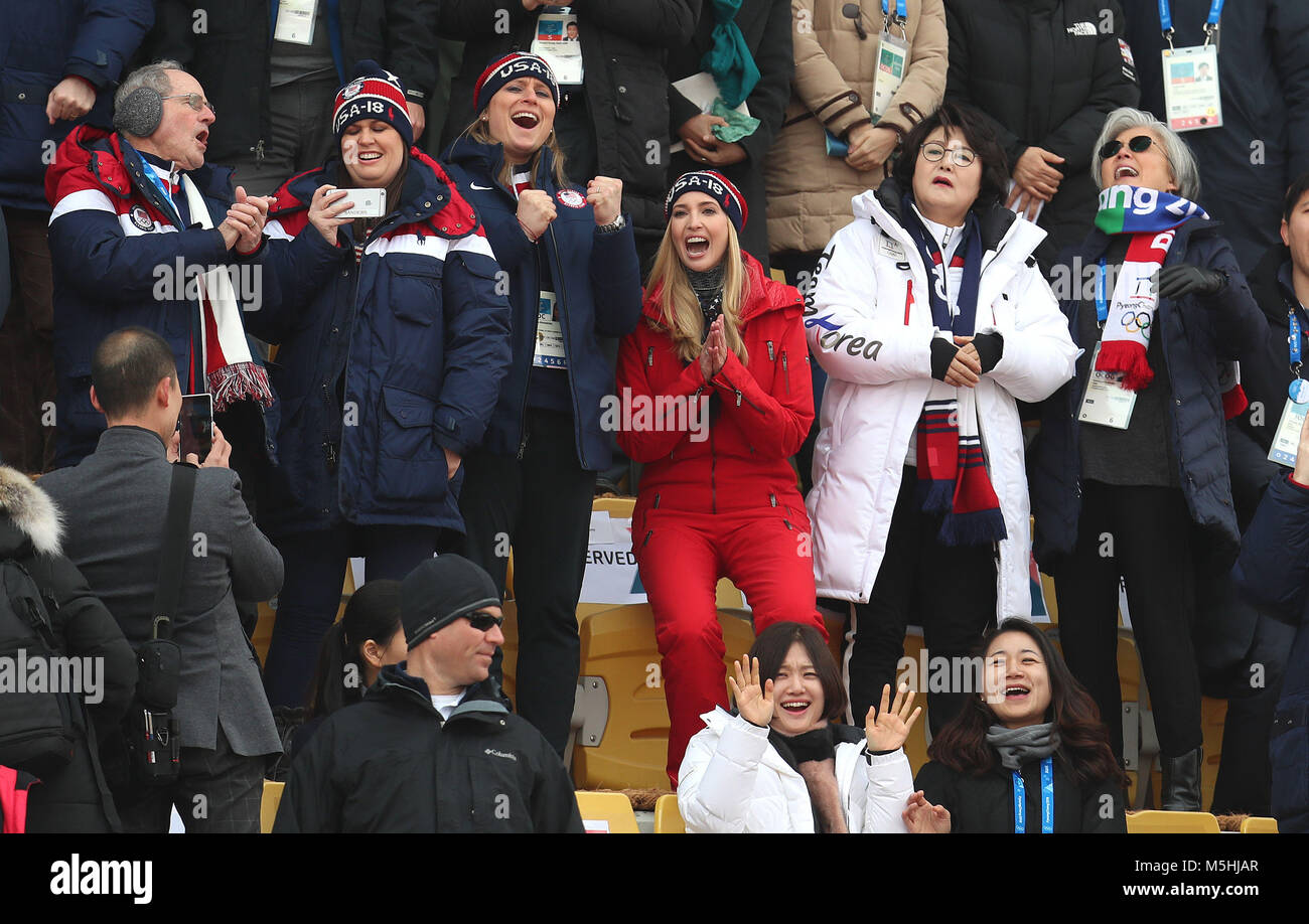 Ivanka Trump, South Korean first lady Kim Jung-sook and South Korean foreign minister Kang Kyung-wha attend the Men's Snowboarding Big Air Final at the Alpensia Ski Jumping Centre during day fifteen of the PyeongChang 2018 Winter Olympic Games in South Korea. Stock Photo