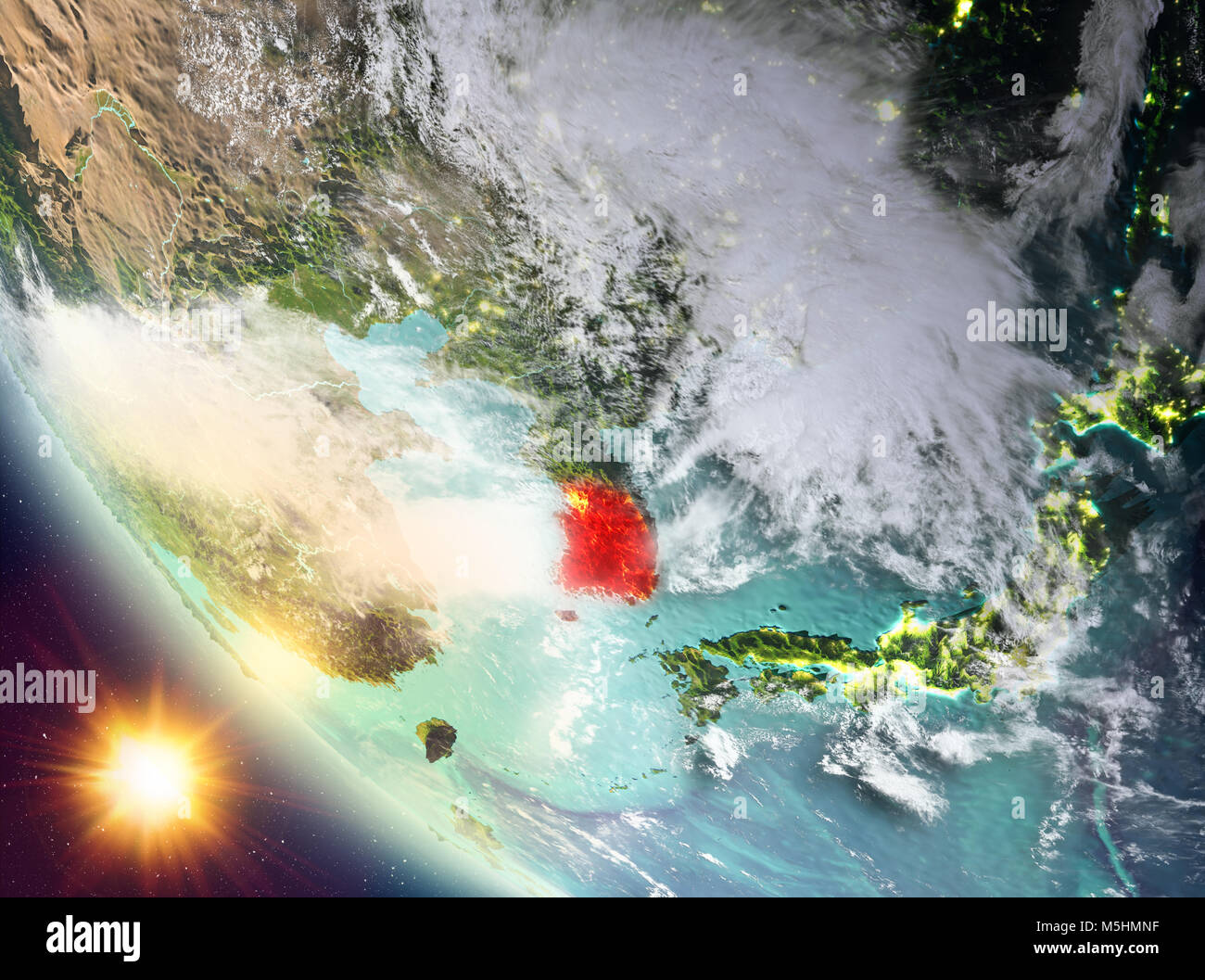 South Korea during sunset highlighted in red on planet Earth with ...