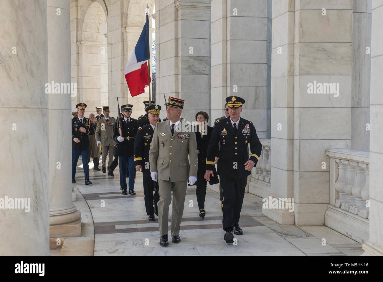 Maj. Gen. John P. Sullivan, assistant deputy chief of staff, G-4 U.S. Army guides Chief of the Defence Staff of the French Army François Lecointre on a tour of the Arlington Memorial Ampitheater Arlington National Cemetery, in Arlington, Virginia, Feb. 12, 2018 (U.S. Army Stock Photo