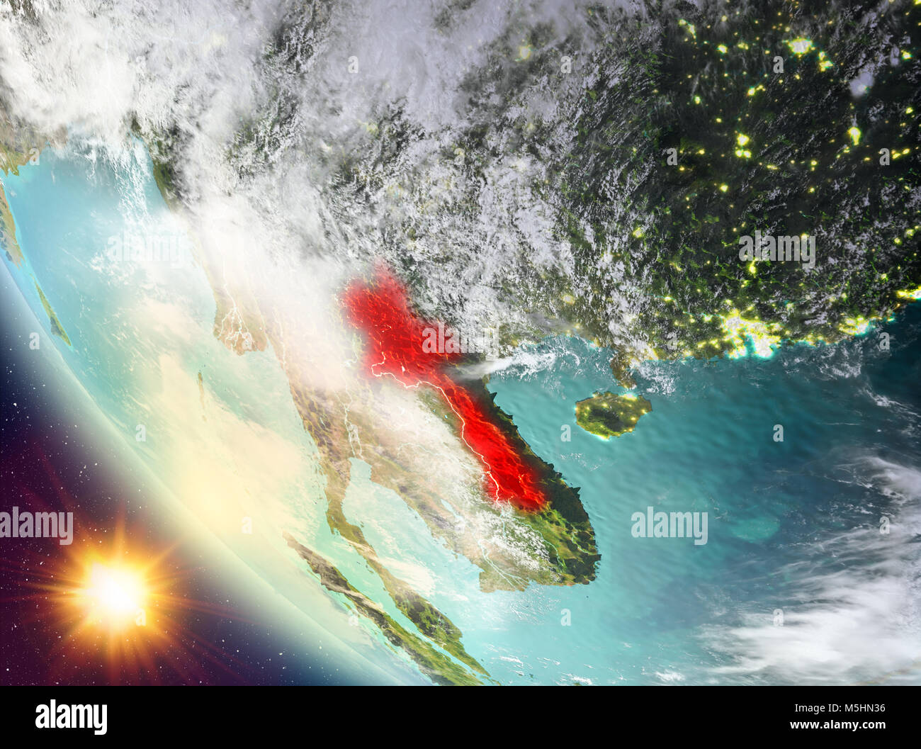 Laos during sunset highlighted in red on planet Earth with clouds. 3D ...