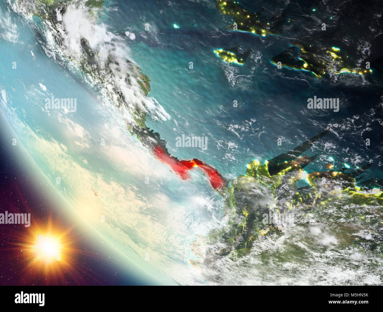 Panama during sunset highlighted in red on planet Earth with clouds. 3D ...