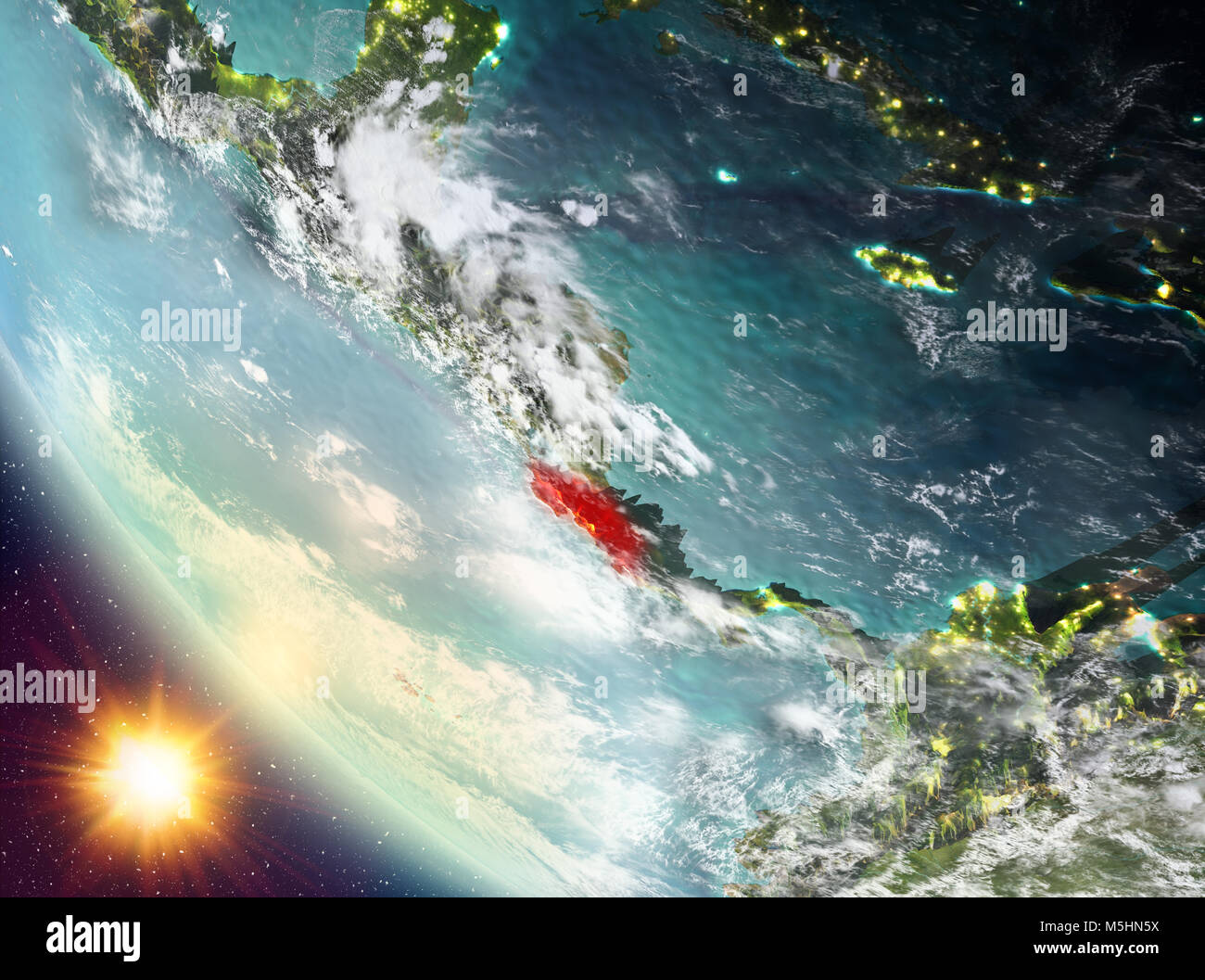 Costa Rica during sunset highlighted in red on planet Earth with clouds ...