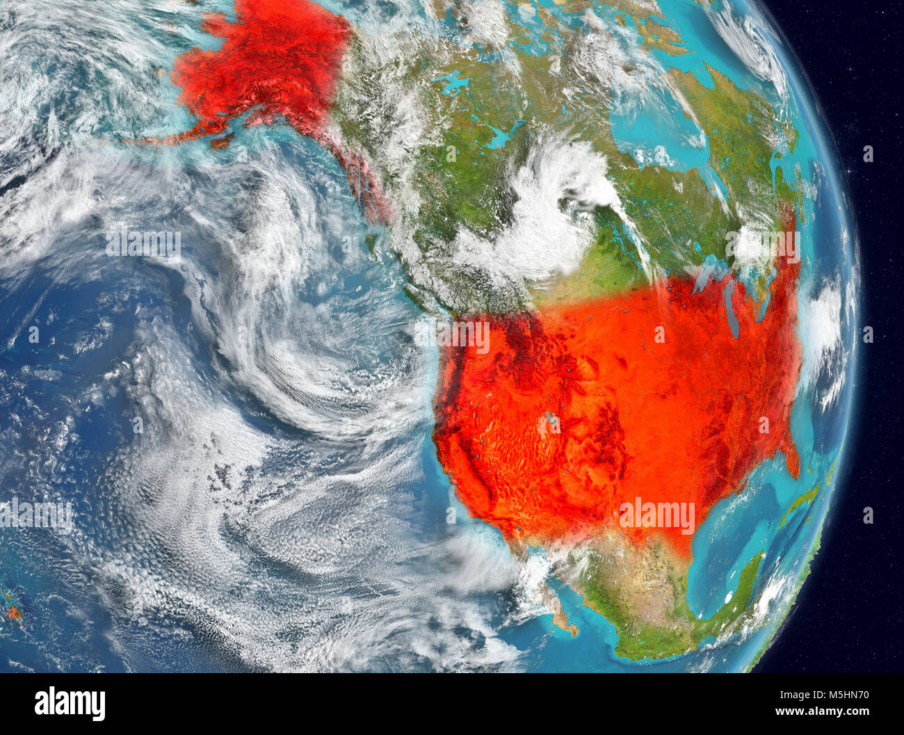 Space view of USA highlighted in red on planet Earth with atmosphere ...