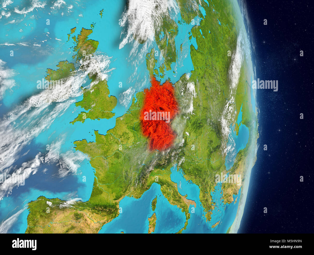 Space view of Germany highlighted in red on planet Earth with atmosphere. 3D illustration. Elements of this image furnished by NASA. Stock Photo