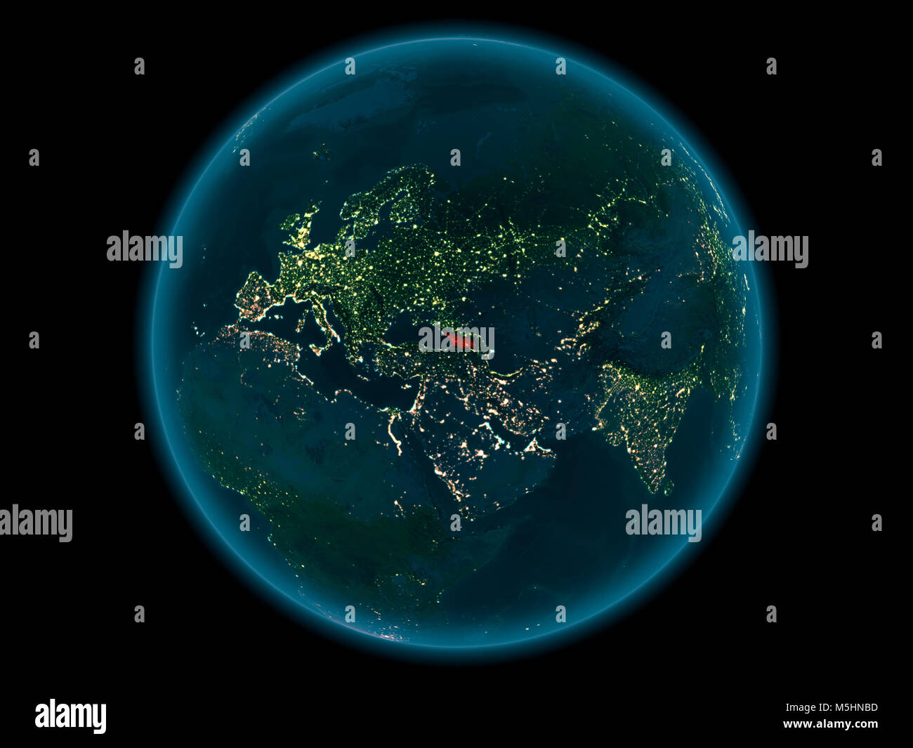Night above Georgia highlighted in red on model of planet Earth in ...