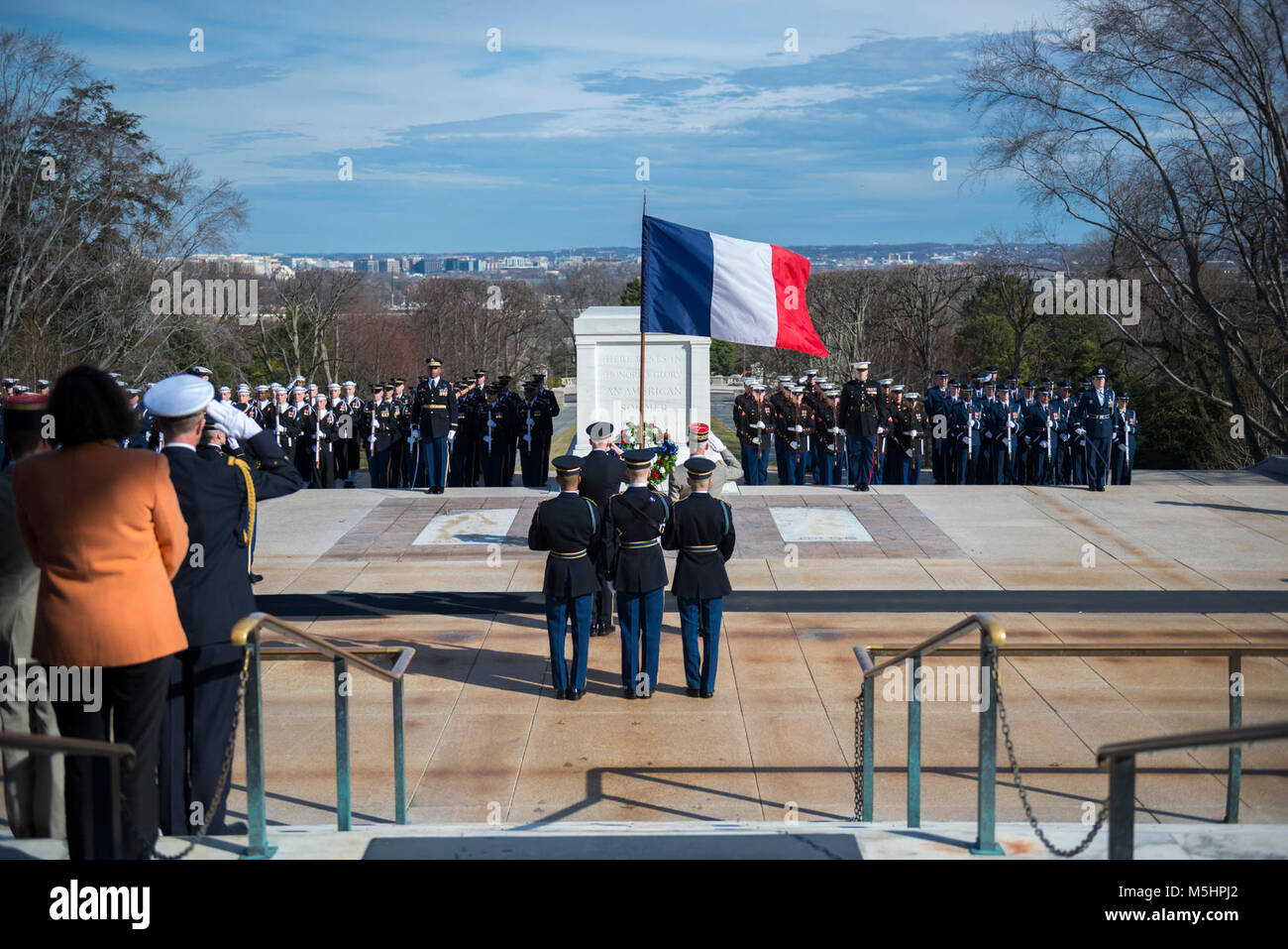 Maj. Gen. John P. Sullivan (left), assistant deputy chief of staff, G-4; and Gen. François Lecointre (right), chief of the defence staff, French Armed Forces;  render honors during an Armed Forces Full Honors Wreath-Laying Ceremony at the Tomb of the Unknown Soldier at Arlington National Cemetery, Arlington, Virginia, Feb. 12, 2018. Lecointre visited ANC as part of his first official visit, touring the Memorial Amphitheater Display Room and meeting with ANC Senior Leadership. (U.S. Army Stock Photo