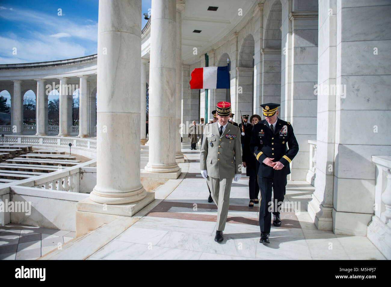 Gen. François Lecointre (left), chief of the defence staff, French Armed Forces; and Maj. Gen. John P. Sullivan (right), assistant deputy chief of staff, G-4; walk through the Memorial Amphitheater at Arlington National Cemetery, Arlington, Virginia, Feb. 12, 2018. Lecointre visited ANC as part of his first official visit, touring the Memorial Amphitheater Display Room and participating in an Armed Forces Full Honors Wreath-Laying Ceremony at the Tomb of the Unknown Soldier. (U.S. Army Stock Photo