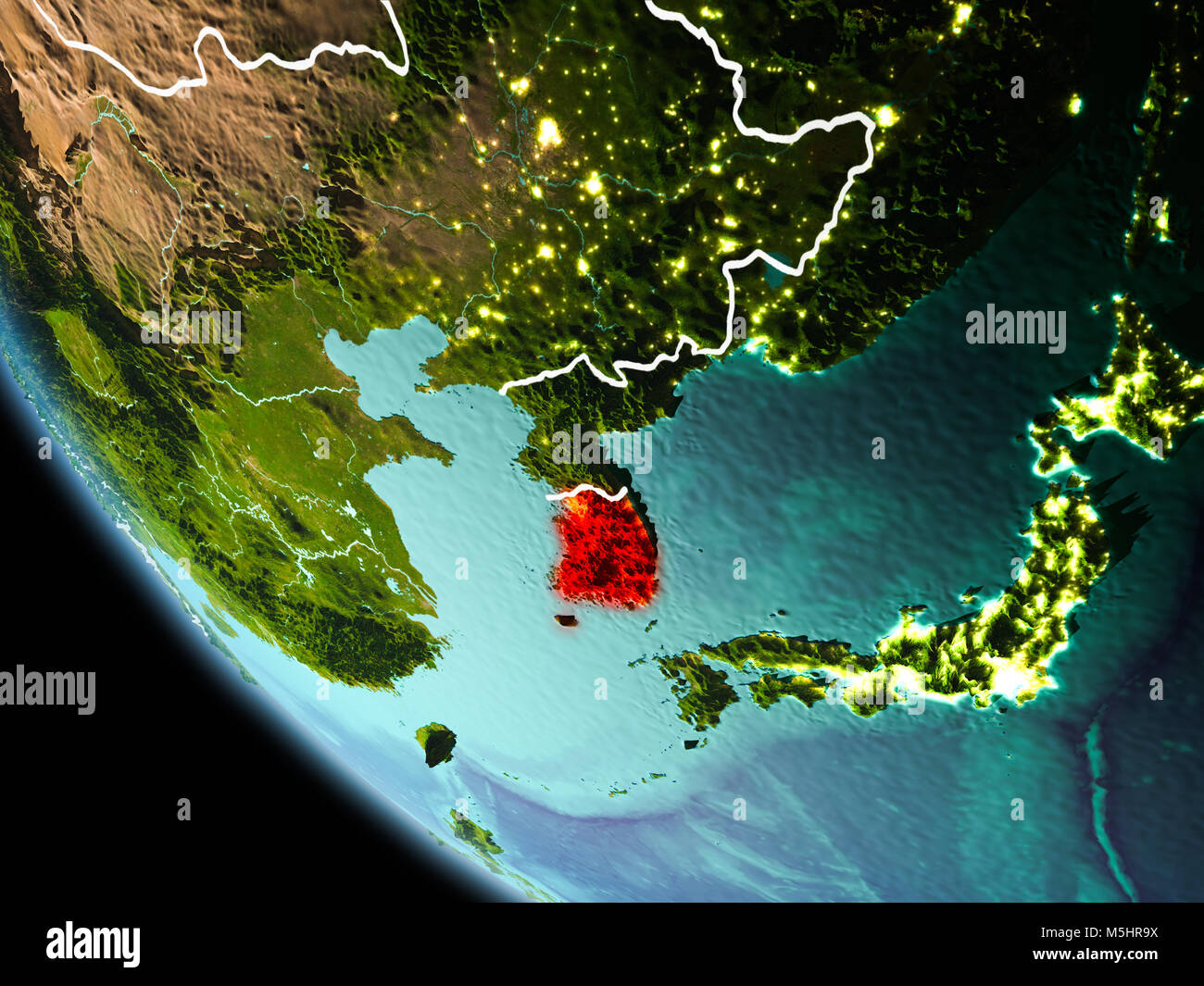 South Korea from orbit of planet Earth at night with highly detailed ...