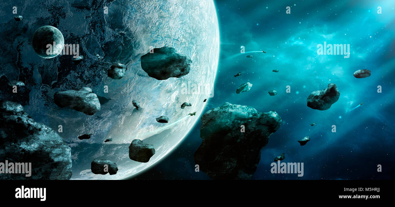 Space scene. Blue nebula with asteroids and two planet. Elements ...
