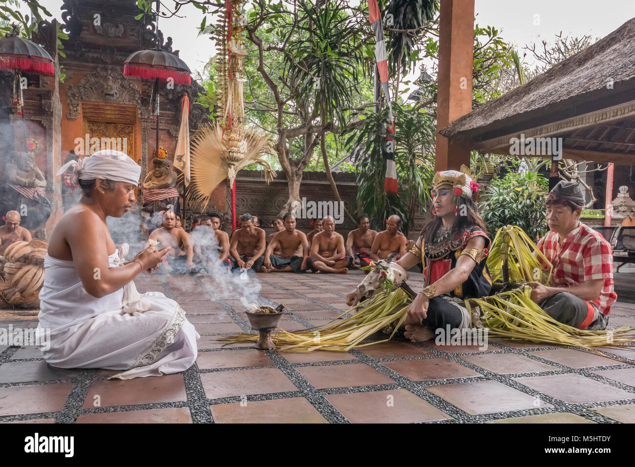 Kecak Fire Dance, priest and fire eater 2, Ubud, Bali Stock Photo