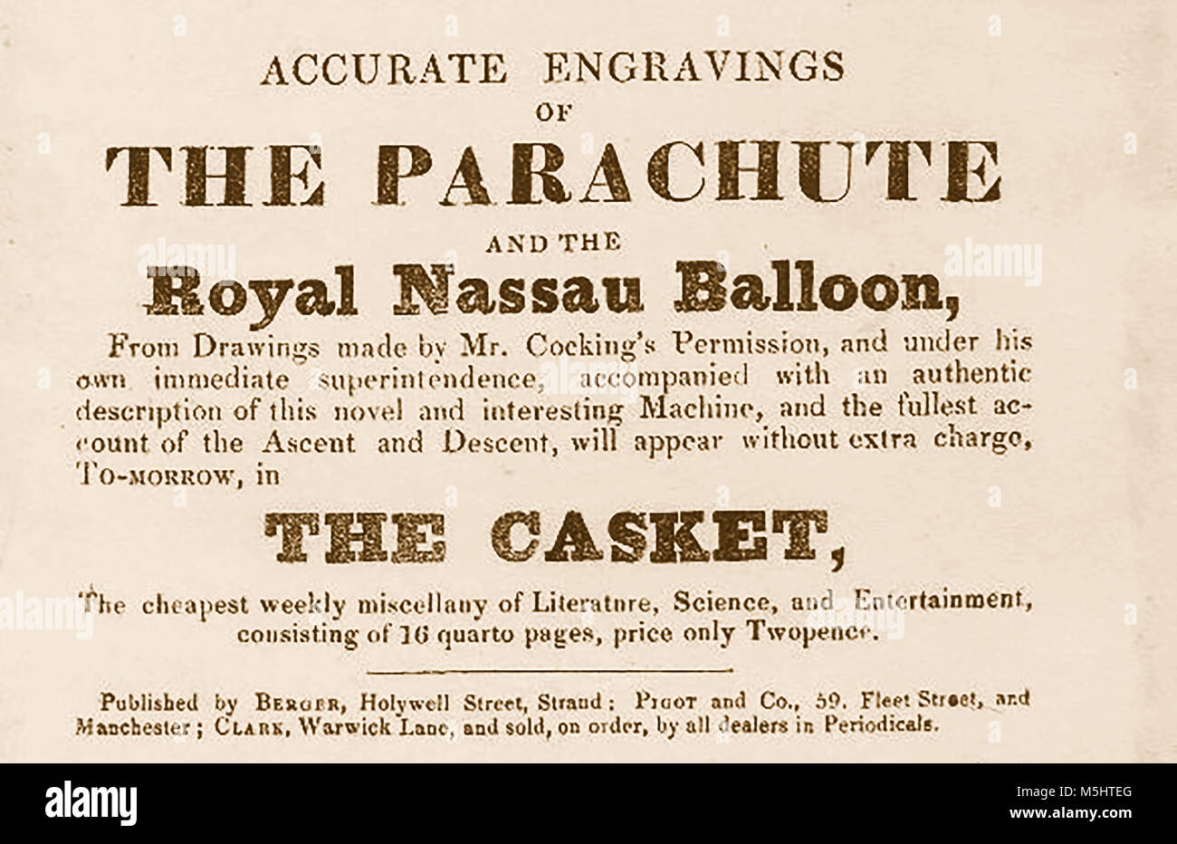 Death of British balloonist Robert Cocking. Advertising handout for the 'Casket' journal previewing the next issue's depiction of Cocking's flight Stock Photo