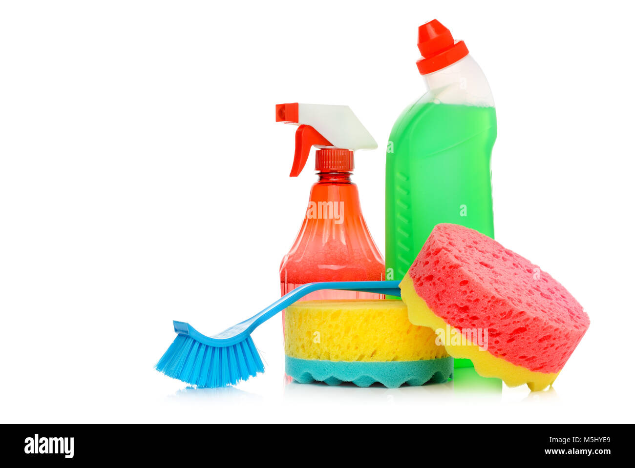Set cleaners isolated on white background. Detergent, sponges, brush