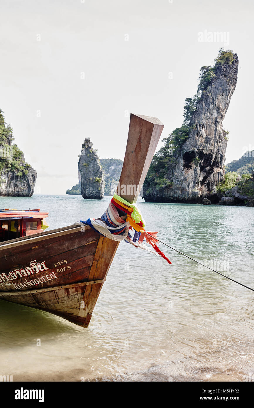 Thailand, Phang Nga Bay, moored long-tail boat Stock Photo